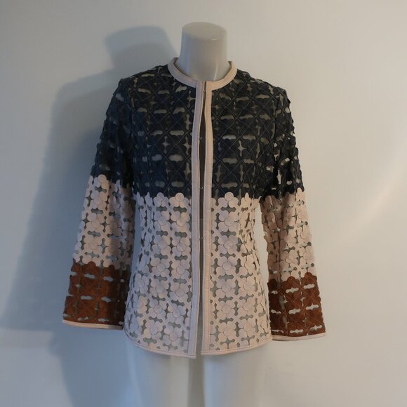 Caban Romantic Navy Blush Brown Laser Cut Leather Applications Jacket 48 US/XL - Picture 3 of 11